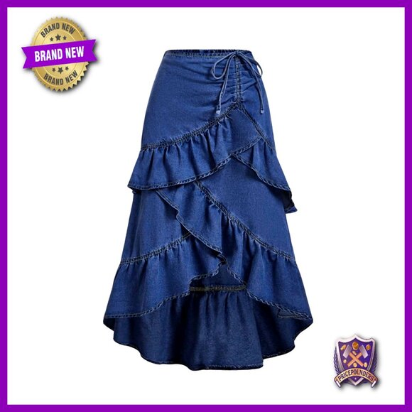 Dresses & Skirts - Plus Size Denim Midi Skirt, Y2K Asymmetrical Ruffle Layered, High Waist